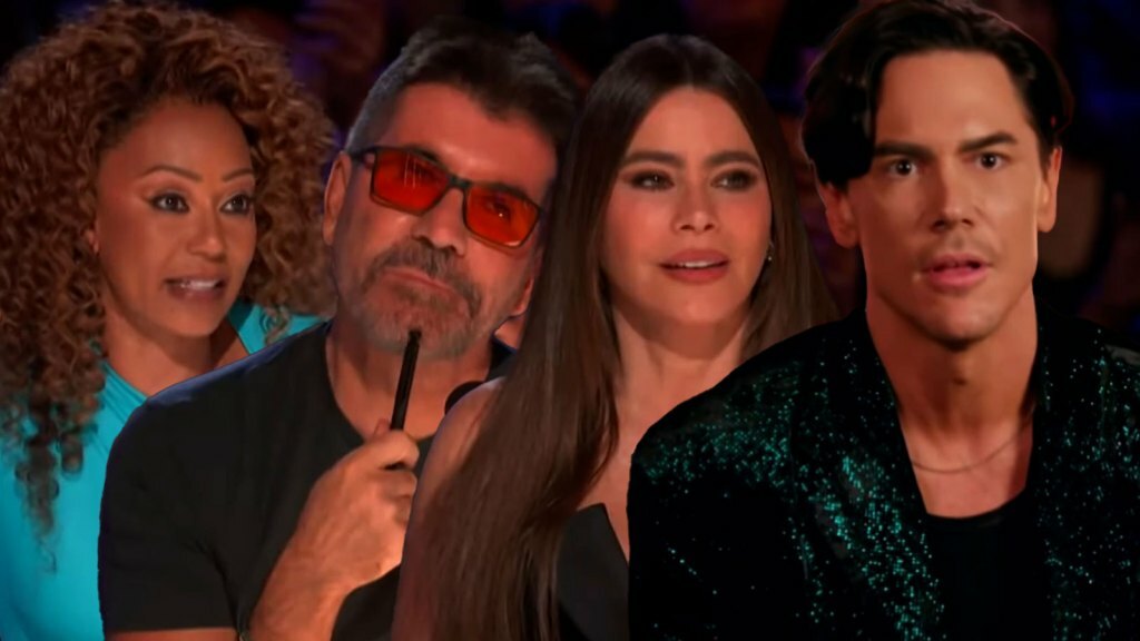 (L-R) Mel B, Simon Cowell, Sofía Vergara and Tom Sandoval
