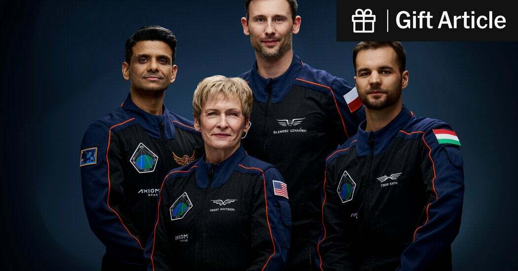 From left, the Axiom crew: Shubhanshu Shukla of India; Peggy Whitson, who will command the mission; Slawosz Uznanski-Wisniewski of Poland; and Tibor Kapu of Hungary.