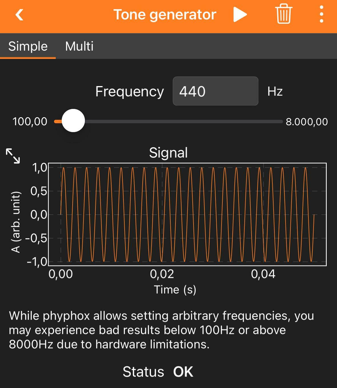 Screenshot of the tone generator with a slider for the frequency, likely both the most loved and hated new feature…