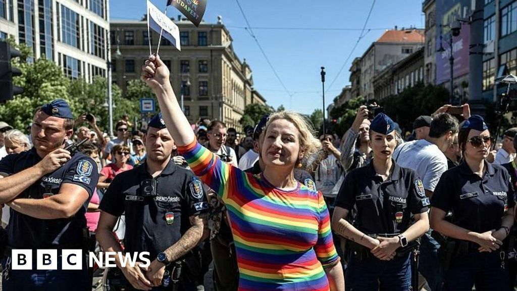 A woman in a rainbow coloured top defiantly waves a flag as she stands in front of a row of police officers at Budapest Pride.