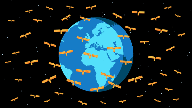 A digital illustration of Earth surrounded by multiple satellites, depicted with orange solar panels against a black starry background.