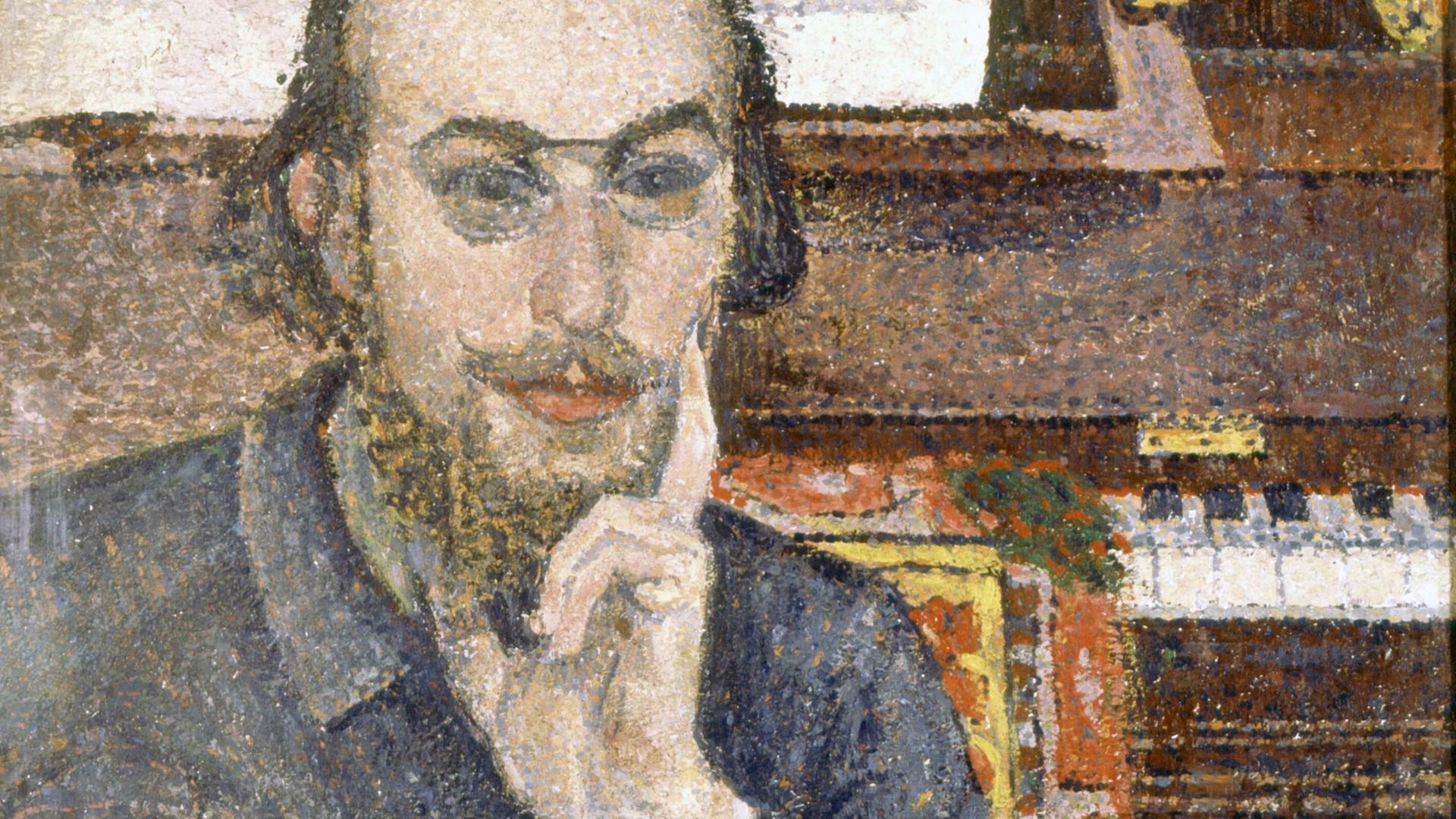 Pointillistisches Porträt (Auszug) von Erik Satie, Öl auf Holz aus einer privaten Sammlung.