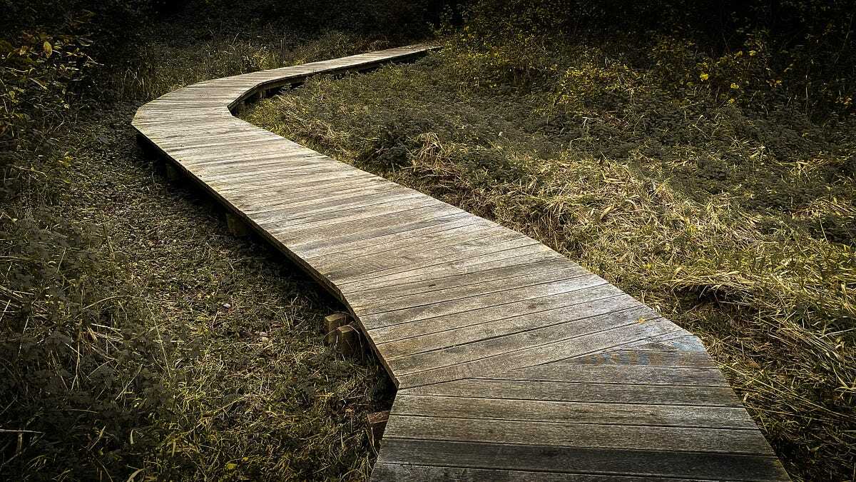 A tinted, manipulated photograph of a wooden boardwalk curving over marshy ground.