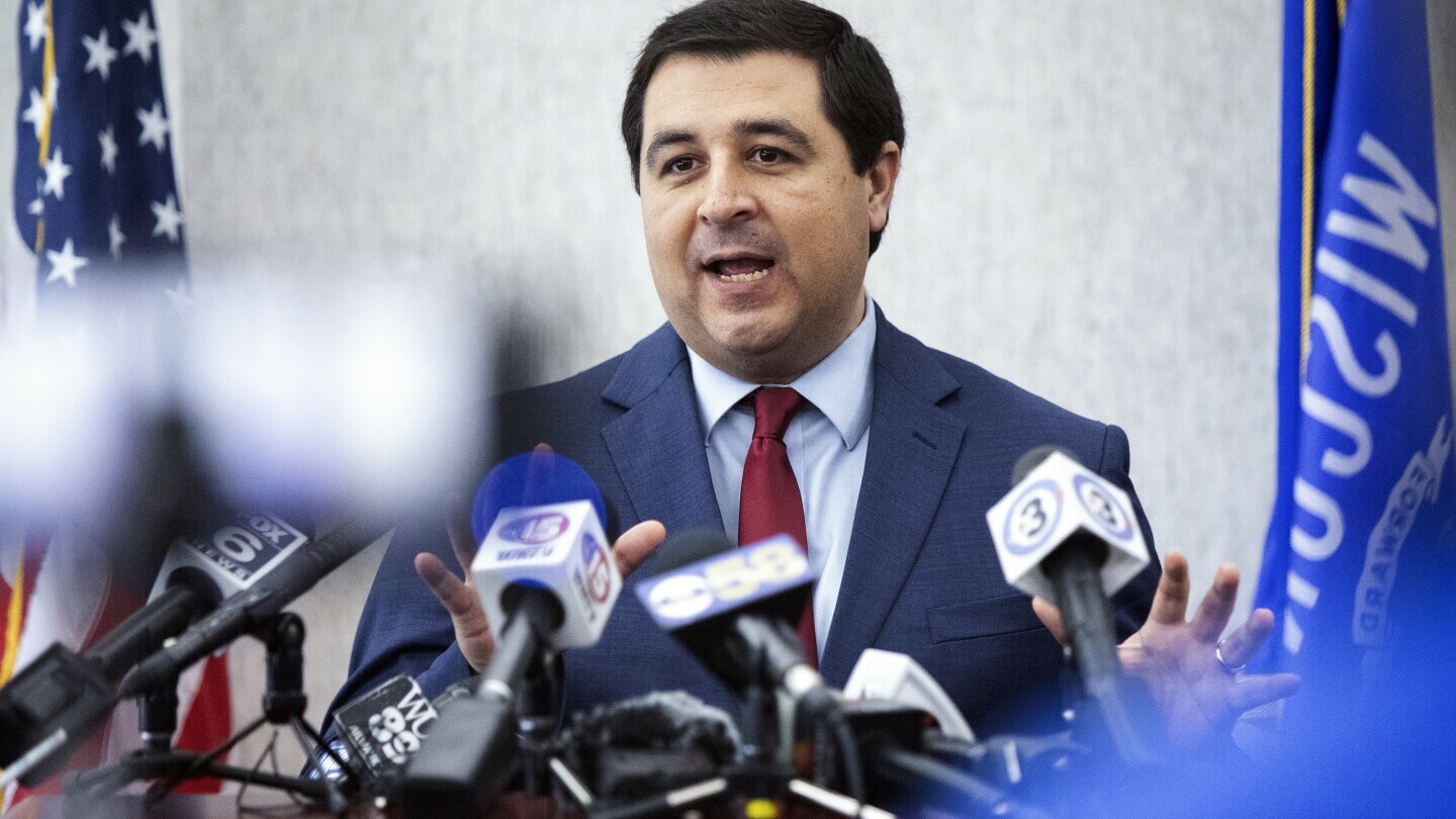 Wisconsin Attorney General Josh Kaul delivers remarks following hearing before Dane County Wis. judge Diane Schlipper which challenges a 174-year-old feticide law in Madison, Wis., May 4, 2023. (John Hart/Wisconsin State Journal via AP, File)