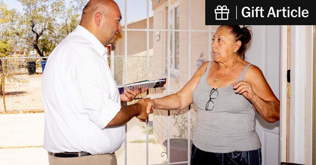 Daniel Hernandez, a Democratic congressional candidate, meeting with a supporter, Beatrice Torres, while door-knocking last month in Tucson, Ariz.