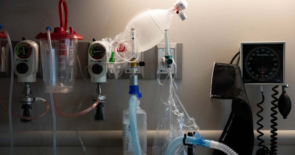 Medical equipment and tools line the walls above a hospital bed in Cedar Park Regional Medical Center in Cedar Park, Texas on Mar. 13, 2024. Kaitlyn Cunningham has been in this hospital room for more than two months.