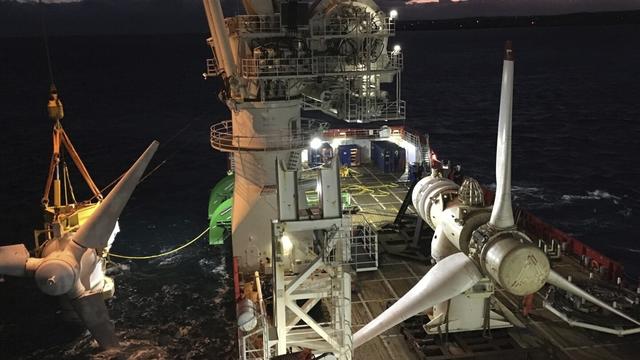 In this October 2018 photo provided by MeyGen, tidal turbines are visible at the MeyGen tidal site located in the Inner Sound of the Pentland Firth, a narrow channel of water between the Scottish mainland and Stroma Island. (Fraser Johnson/MeyGen, via AP)
