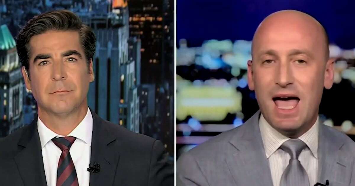 Stephen Miller (right) speaks during an appearance on Fox News' "Jesse Watters Tonight."