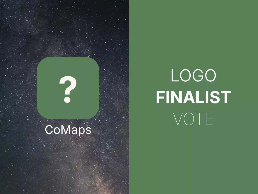 Left side is a starry night sky, and an icon with a question mark and "CoMaps" below it. On the right side is CoMaps olive green, with text "Logo finalist vote".