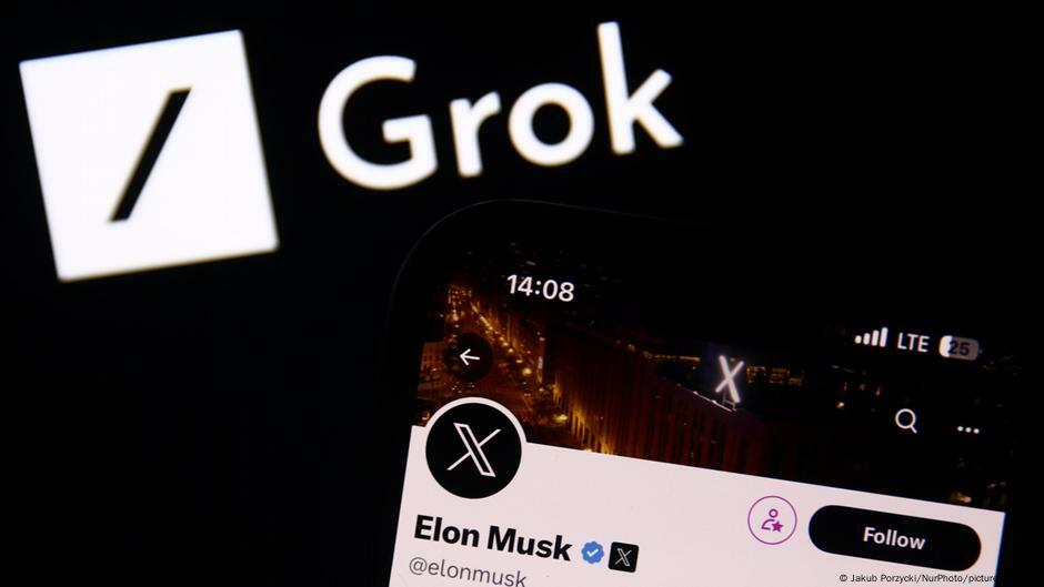 Grok logo displayed on a laptop screen and Elon Musk account on X