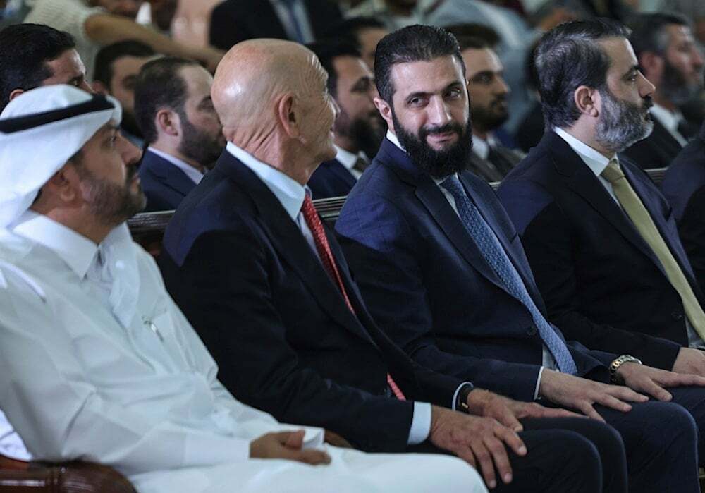 Syria's interim President Ahmad al-Sharaa, 2nd right, looks to the US Ambassador to Turkey and Special Envoy to Syria Tom Barrack 3rd left, in Damascus, Syria, May 29, 2025 (AP) Syria's interim President Ahmad al-Sharaa, 2nd right, looks to the US Ambassador to Turkey and Special Envoy to Syria Tom Barrack 3rd left, in Damascus, Syria, May 29, 2025 (AP)