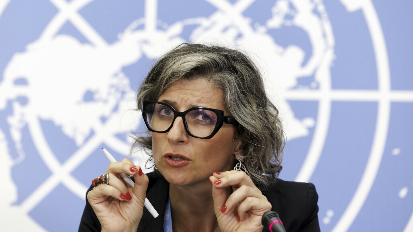 Francesca Albanese, Special Rapporteur on the situation of human rights in the Palestinian territories occupied since 1967, talks to the media during a press conference at the European headquarters of the United Nations in Geneva, Switzerland, July 11, 2023. (Salvatore Di Nolfi/Keystone via AP, File)
