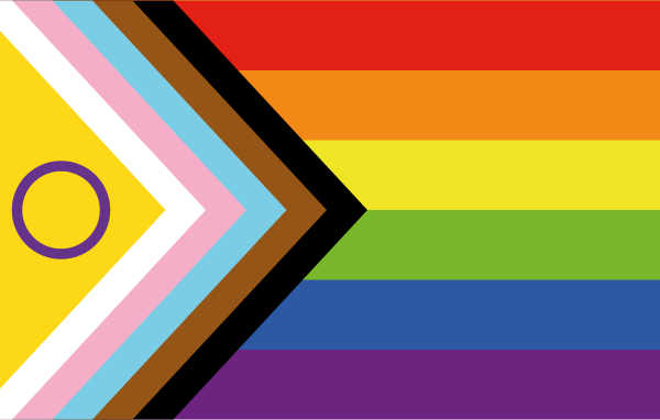 Drapeau Progress Pride Flag composé de diverses bandes de couleurs faisant chacune référence à différents drapeaux de la communauté LGBTQI+