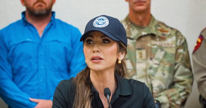 Homeland Security Secretary Kristi Noem at a news conference in Kerrville, Texas, on Saturday. Ms. Noem did not renew a contract to staff call center workers until Thursday.