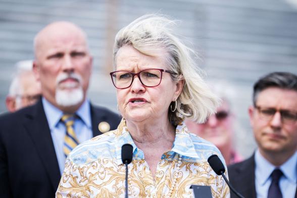 Cleta Mitchell, chairman of the Election Integrity Network, speaks during a news conference at the House steps of the U.S. Capitol to introduce the "Safeguard American Voter Eligibility (SAVE) Act," which would require proof of U.S. citizenship to register to vote in federal elections, on May 8, 2024.