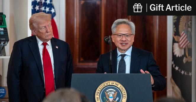 Nvidia’s chief executive Jensen Huang speaking next to President Trump at the White House in April. 