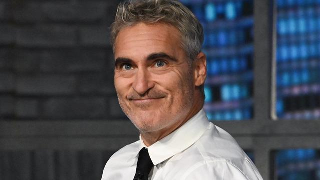 The Late Show with Stephen Colbert and guest Joaquin Phoenix during Tuesday’s July 15, 2025 show. Photo: Scott Kowalchyk ©2025 CBS Broadcasting Inc. All Rights Reserved.