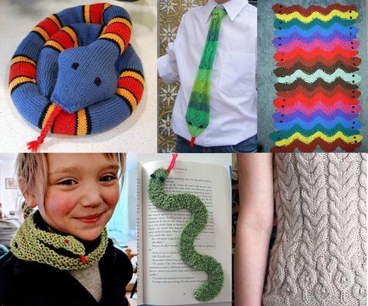 Collage of knitting projects: 
Striped Snake  by Sarah Ann Thompson is a blue stake with red and yellow stripes.
Snake Tie designed by Corinne Fourcade is a green tie with snake head at bottom with red tongue. 
Garter Snake Rug by Beth Khan with colorful curving snakes stacked on each other to form a rug.
Snake Coil Cowl by Ariel Woods. A child wears a knit snake coiled several times around neck. 
Snake Bookmark by Frankie Brown is a curving green flat snake on a book.
Snake-a-licious Sweater by tiny owl knits shows a close-up detail of a jumper with cable pattern like lined up snakes with chevron shaped cables forming the body leading to a diamond cable shaped had, and a tongue at the bottom.