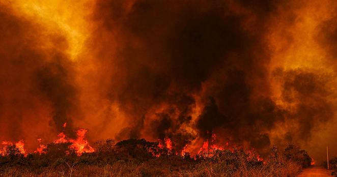 Fogo no Pantanal de Mato Grosso em setembro de 2020. O aumento da temperatura e das estiagens favorece a ocorrência de grandes incêndios, com grande impacto sobre a biodiversidade, a agricultura, a qualidade do ar e a vida humana - Foto: Mayke Toscano/Secom-MT
