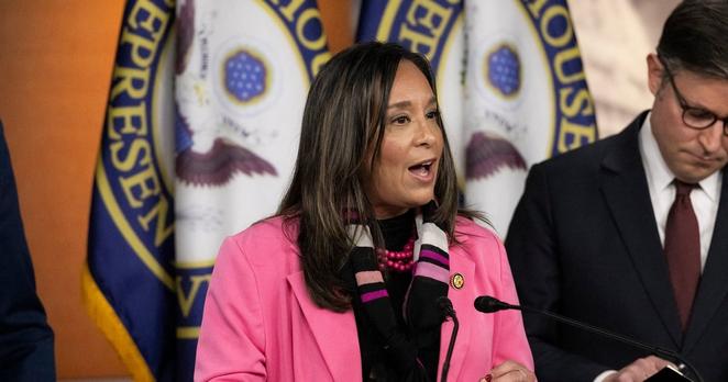 U.S. Rep. Monica De La Cruz, R-Edinburg, speaks at a press conference in Washington on Feb. 5, 2025.