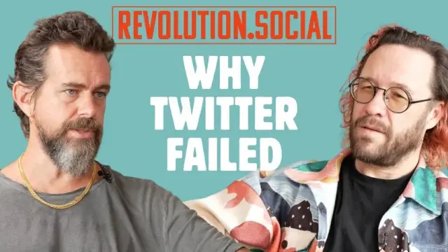 Two individuals discussing social media, with bold text overlay reading "WHY TWITTER FAILED" on a bright turquoise background.