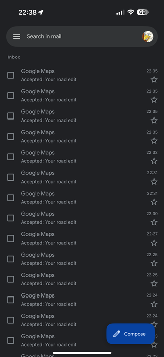 My Gmail inbox, completely slammed with email from Google Maps, subject: Accepted: Your road edit 
