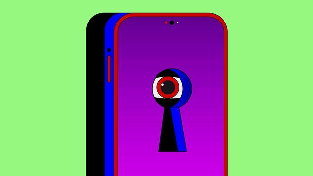 Auf dem Podcast-Cover von "Dark Agent" ist eine Illustration eines Smartphones mit pinkem Display zu sehen, darauf ein Schlüsselloch, hinter dem ein Auge zu erkennen ist; das Case ist leuchtend Blau mit rotem Rand, das Smartphone wirft einen Schatten.