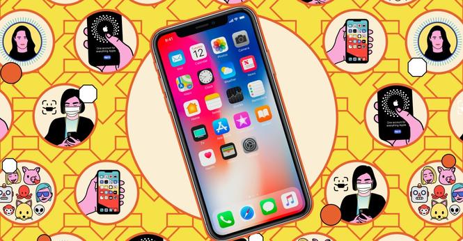 An iPhone overlaid on a yellowish circle with red border, with circles laid out in a honeycomb grid surrounding it that have small illustrations of iOS-themed images.