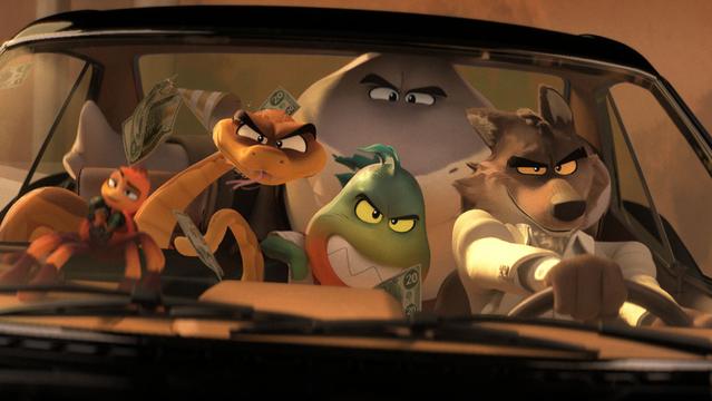 (from left) Tarantula (Awkwafina), Snake (Marc Maron), Shark (Craig Robinson), Piranha (Anthony Ramos) and Wolf (Sam Rockwell) in DreamWorks Animation’s The Bad Guys, directed by Pierre Perifel.