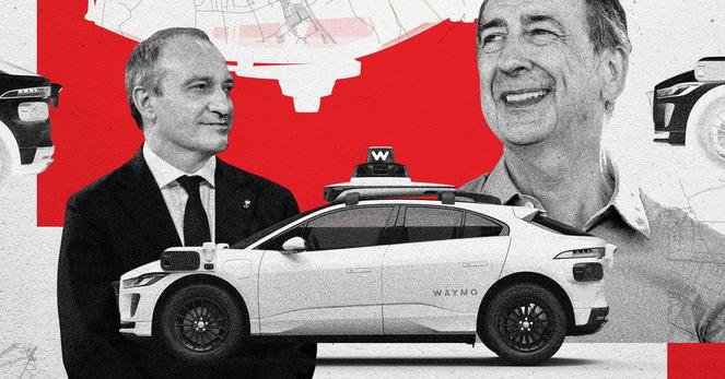 A montage of a self-driving car and mayor of Turin Stefano Lo Russo, and mayor of Milan Beppe Salo. | Photo-Illustration: WIRED Staff; Getty Images