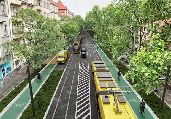 Zurück im Westen: Die Straßenbahn soll wieder nach Charlottenburg fahren. Die Visualisierung zeigt die M10 in der Kaiserin-Augusta-Allee. Fahrtziel wird der Bahnhof Jungfernheide sein.