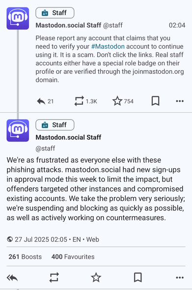 Screenshot of a (thread) timeline. Two posts from an official mastodon.social account are shown, both with a "Staff" badge.