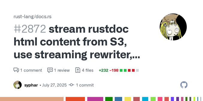 This will start streaming also rustdoc html files from S3 to the client.
First for simple cases, release specific rustdoc assets, which can directly be streamed.
Then I also added a streaming HTML ...