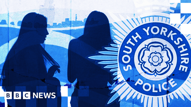 Designed image, tinted blue, showing the South Yorkshire Police logo on the right, and silhouettes of teenage girls with long hair. At the top is a mural showing a Rotherham hillside.