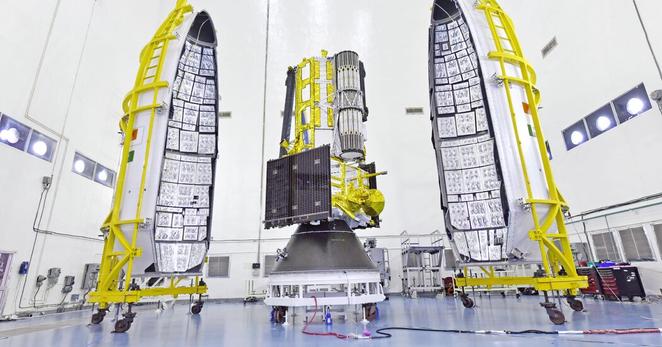 The NISAR satellite being encapsulated in its payload fairing at the Indian Space Research Organization’s Satish Dhawan Space Center on July 18. The NISAR satellite being encapsulated in its payload fairing at the Indian Space Research Organization’s Satish Dhawan Space Center on July 18.