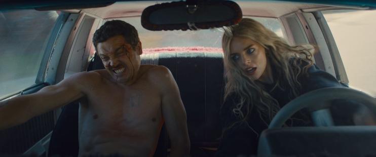 Karl Glusman and Samara Weaving in 'Eenie Meanie'