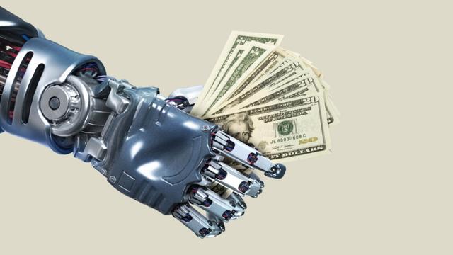 Robot hand holding lots of dollar notes Robot hand holding lots of dollar notes