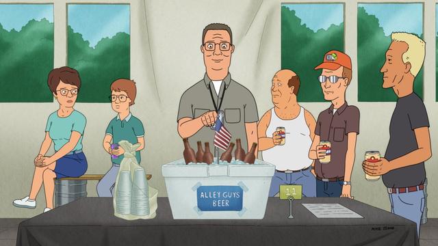 Peggy Hill (Kathy Najimy, far left), Hank Hill (voiced by Mike Judge, center), Bill Dauterive (Stephen Root, third from right), Dale Gribble (voiced by Toby Huss, formerly by the late Johnny Hardwick, second from right) and Jeff Boomhauer (also voiced by Judge, right). Peggy Hill (Kathy Najimy, far left), Hank Hill (voiced by Mike Judge, center), Bill Dauterive (Stephen Root, third from right), Dale Gribble (voiced by Toby Huss, formerly by the late Johnny Hardwick, second from right) and Jeff Boomhauer (also voiced by Judge, right).