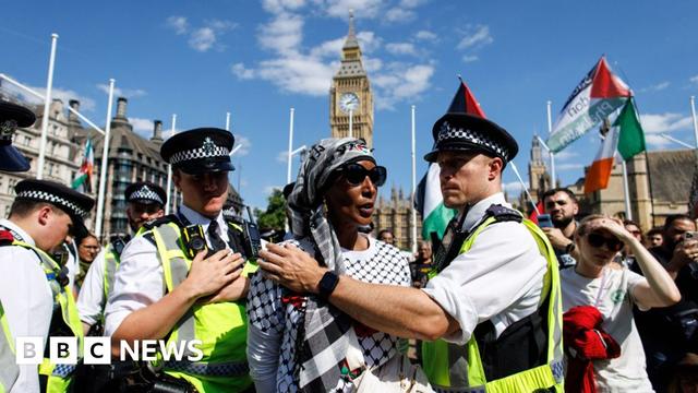 Police officers hold a woman protester back. People hold Palestinian flags around them and Big Ben's clocktower is visible in the background.