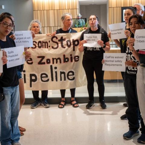 "Activists were at Newsom's office to make sure that our message is heard: Californians do not want another oil pipeline,”  said Ilonka Z...