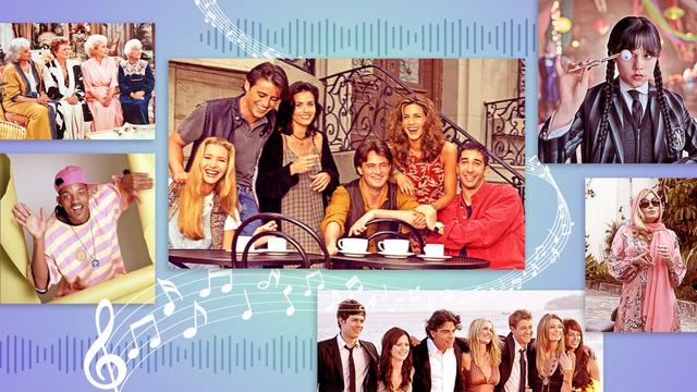 An illustration featuring 'The Fresh Prince,' 'The Golden Girls,' 'Friends,' 'Wednesday,' 'The White Lotus' and 'The O.C.'