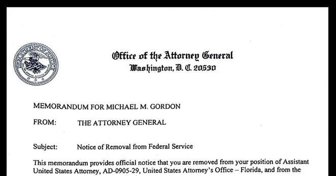 Mr. Gordon’s termination letter, signed by Attorney General Pam Bondi.