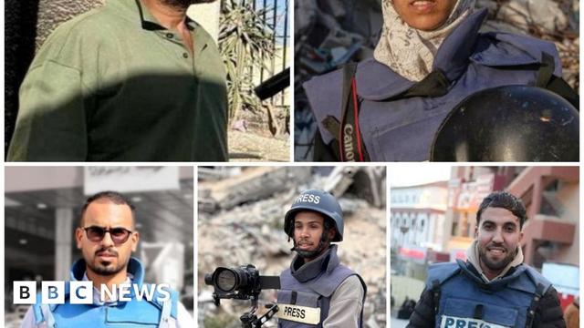 The five journalists killed in the strike on Nasser hospital (from top left): Husam al-Masri, Miriam Dagga, Ahmed Abu Aziz, Mohammad Salama, and Moaz Abu Taha