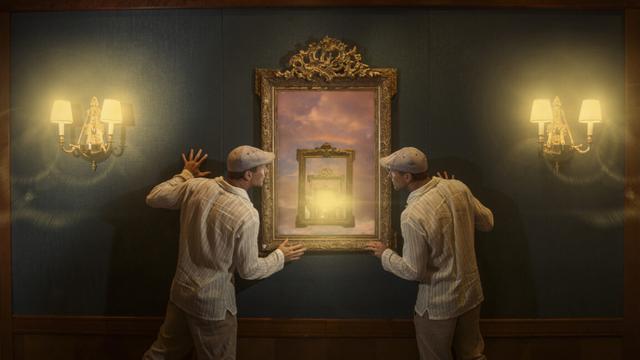 Two identical men peering into an infinite cascade of mirrors.