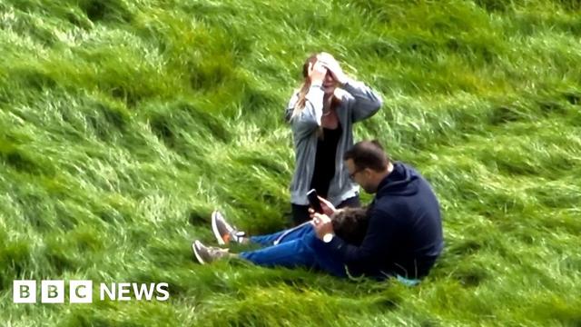 Father and daughter in a grassy field. Dog is in the man's lap. The girl has her head in her hands and is crying. Father and daughter in a grassy field. Dog is in the man's lap. The girl has her head in her hands and is crying.