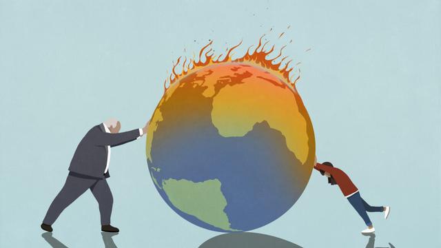 Cartoon image of a burning globe, with a older man in a business suit pushing it in one direction, and a small child pushing it in the other.