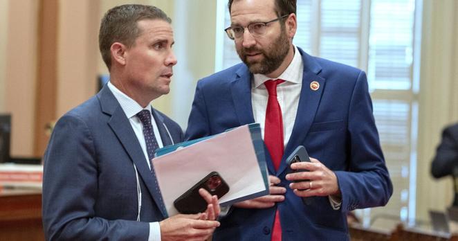 Democratic state Senators Mike McGuire, of Santa Rosa, left, and Ben Allen, of Santa Monica, right, confer at the Capitol in Sacramento, Calif., Monday, July 10, 2023. (AP Photo/Rich Pedroncelli) Democratic state Senators Mike McGuire, of Santa Rosa, left, and Ben Allen, of Santa Monica, right, confer at the Capitol in Sacramento, Calif., Monday, July 10, 2023. (AP Photo/Rich Pedroncelli)