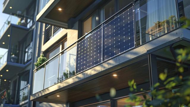 Zwei Solarpanels befestigt an einem Balkon einer Wohnung.