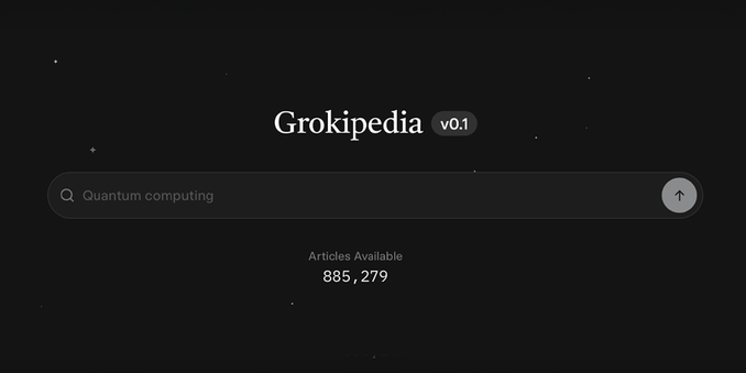Screenshot of search box for an online encyclopedia called, "Grokipedia v0.1", with 885,279 articles available; search query entered is, “quantum computing.” Screenshot of search box for an online encyclopedia called, "Grokipedia v0.1", with 885,279 articles available; search query entered is, “quantum computing.”