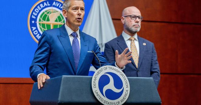Sean Duffy, the transportation secretary, and Bryan Bedford, the administrator of the Federal Aviation Administration, during a news conference on Wednesday. Sean Duffy, the transportation secretary, and Bryan Bedford, the administrator of the Federal Aviation Administration, during a news conference on Wednesday.